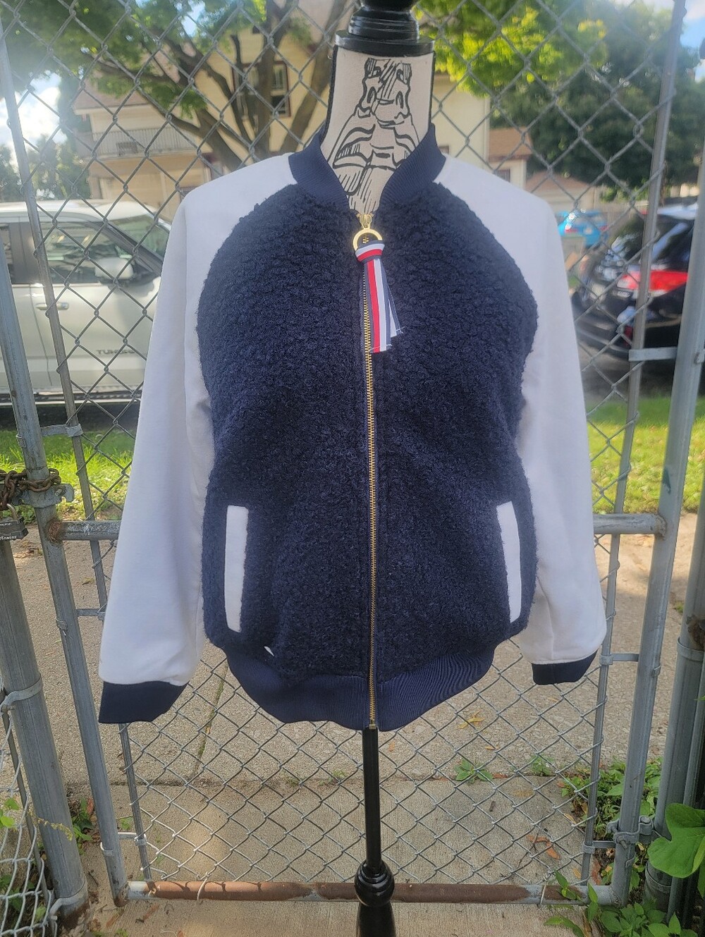 Tommy Hilfiger Navy White Teddy Bouclé Varsity Bomber Jacket Size L